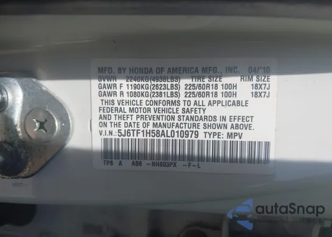 2010 Honda Accord Crosstour Ex-L from USA, damaged, VIN 5J6TF1H58AL010979